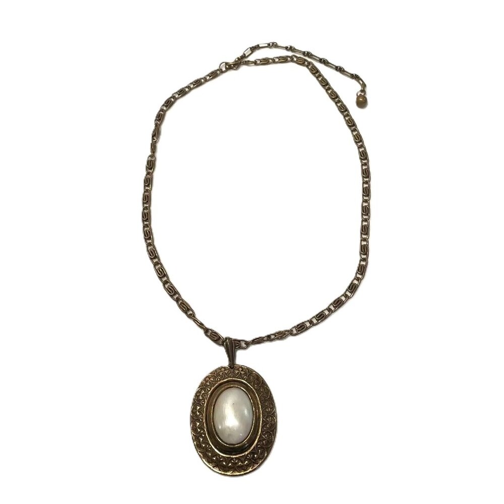 Retro Style Copper Faux Pearl Oval Pendant Necklace Etched Scroll Chain Vintage